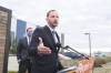 Ryan Meili, Saskatchewan NDP Leader, speaks during a press conference at the Global Transportation Hub in Regina on Friday Oct. 2, 2020. THE CANADIAN PRESS/Michael Bell