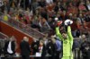 Toronto FC goalkeeper Alex Bono (25) pumps up the crowd as he walks to the net at the start of penalty kicks in the second leg of Canadian Champion soccer action against the Montreal Impact, in Toronto, Wednesday, Sept. 25, 2019. THE CANADIAN PRESS/Cole Burston