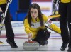 Manitoba skip Tracy Fleury releases a rock as they play Ontario at the Scotties Tournament of Hearts at Centre 200 in Sydney, N.S. on Tuesday, Feb. 19, 2019. Fleury has brought on veteran skip Sherry Middaugh to serve as coach of the Winnipeg-based team. THE CANADIAN PRESS/Andrew Vaughan