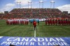 The national anthem is performed ahead of the inaugural soccer match of the Canadian Premier League between Forge FC of Hamilton and York 9 in Hamilton, Ont. Saturday, April 27, 2019. Canadian Premier League champion Forge FC takes on El Salvador's CD Municipal Limeno in a CONCACAF League preliminary-round match Thursday. THE CANADIAN PRESS/Aaron Lynett