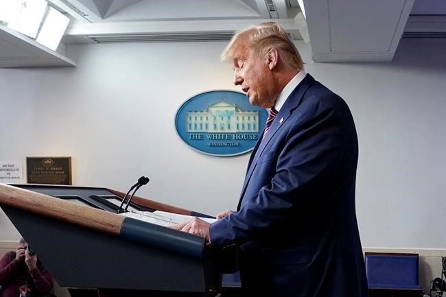 President Donald Trump speaks at the White House, Thursday, Nov. 5, 2020, in Washington. Deciding on the fly whether to air in real time U.S. President Donald Trump's baseless allegations of election fraud is a tricky dilemma that defies easy solutions, broadcast journalists and observers said on Friday. THE CANADIAN PRESS/AP/Evan Vucci