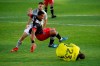 D.C. United forward Gelmin Rivas (20) flies over Montreal Impact goalkeeper Clement Diop (23) while going for the goal and is hurt on the play in the first half of an MLS soccer game Sunday, Nov. 8, 2020, in Washington. Katherine Frey/The Washington Post via AP/THE CANADIAN PRESS