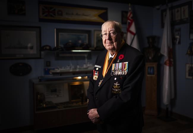 Andy Barber, an 87-year-old Korean War veteran, poses for a picture at the Halton Naval Veterans Association Burlington, Ont. on Friday November 6, 2020. Barber served as the Leading Seaman of Communications, Visual Trade Group 2, on HMCS Haida in the navy as part of a peacekeeping force immediately following the armistice in July 1953. THE CANADIAN PRESS/Mark Blinch