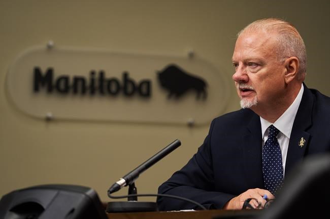 Manitoba Education Minister Kelvin Goertzen speaks at a media news conference at the Manitoba Legislative Building, in Winnipeg onThursday, Aug. 13, 2020. Manitoba's commissioner of elections has dismissed a complaint from the Progressive Conservative party that alleged a union broke the limit on third-party spending during last year's provincial election. THE CANADIAN PRESS/David Lipnowski