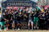 Hamilton Forge's Kyle Bekker, centre right, holds the trophy after defeating the Calgary Cavalry during the Canadian Premier League soccer final in Calgary, Saturday, Nov. 2, 2019.&nbsp;The 2020 Canadian Championship final between Forge FC and Toronto FC will be played in the first quarter of 2021, Canada Soccer announced Wednesday. THE CANADIAN PRESS/Jeff McIntosh