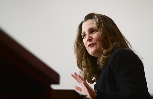 Deputy Prime Minister Chrystia Freeland holds a media availability in Ottawa, Monday, Nov. 23, 2020. The provinces are asking Freeland to delay CPP premium increases as part of next week's fall economic statement. THE CANADIAN PRESS/Sean Kilpatrick