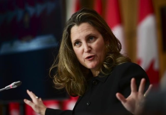 Deputy Prime Minister Chrystia Freeland holds a media availability in Ottawa, Monday, Nov. 23, 2020. THE CANADIAN PRESS/Sean Kilpatrick
