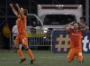 Hamilton Forge FC players Giuliano Frano (8) and David Edgar (30) celebrate their team's win over CD Olimpia's during Scotiabank CONCACAF League 2019 action in Hamilton, Ontario on Thursday, August 22, 2019.&nbsp;Edgar, who announced today he is retiring at the end of the year. THE CANADIAN PRESS/Peter Power