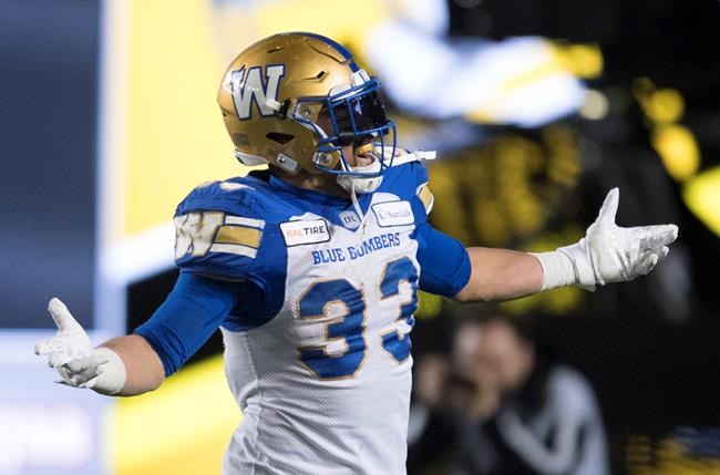 Winnipeg Blue Bombers' Andrew Harris celebrates his touchdown against the Hamilton Tiger-Cats during the first half of the 107th Grey Cup in Calgary, Alta., Sunday, Nov. 24, 2019. Running back Andrew Harris, who was instrumental in the Winnipeg Blue Bombers ending their Grey Cup drought in 2019, tops the CFL team's list of potential free agents. THE CANADIAN PRESS/Nathan Denette