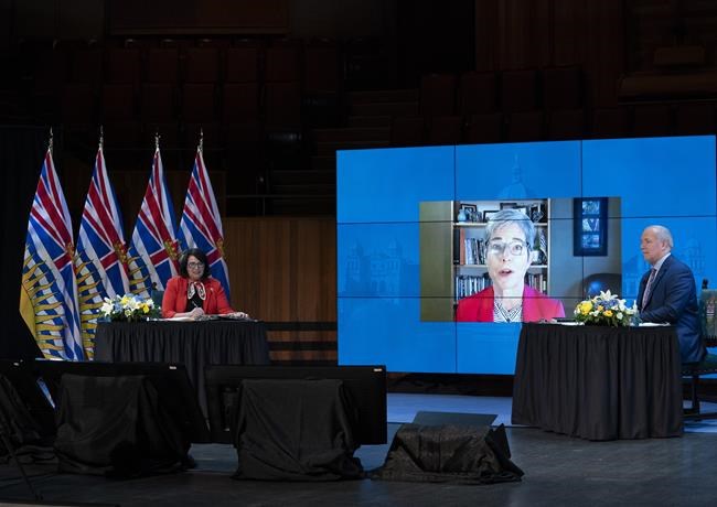 The Honourable Janet Austin, Lieutenant Governor of British Columbia and Premier John Horgan swear in Finance Minister Selina Robinson during a virtual swearing in ceremony in Victoria, B.C., on November 26, 2020. THE CANADIAN PRESS/Jonathan Hayward