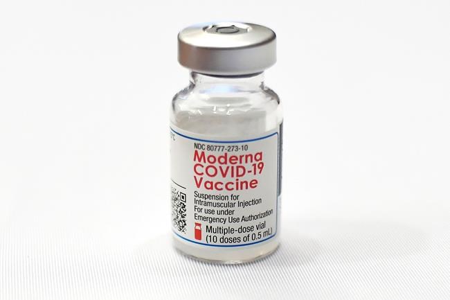 A vial of Moderna's COVID-19 vaccine is seen at Hartford Hospital, Monday, Dec. 21, 2020, in Hartford, Conn. New Brunswick's chief medical officer of health says news that Moderna's COVID-19 vaccine has been approved for use in Canada provides a ray of hope. THE CANADIAN PRESS/AP Photo/Jessica Hill