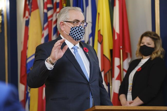 Joe Hargrave was named Minister of Highways and Minister Responsible for Saskatchewan Water Security Agency at the announcement of Premier Scott Moe's new cabinet at Government House in Regina on November 9, 2020. THE CANADIAN PRESS/Michael Bell