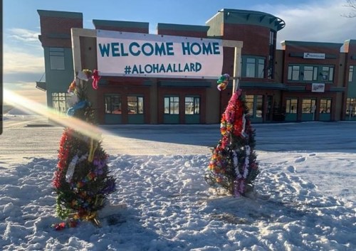 Christmas trees decorated with Hawaiian leis, as shown in this handout image provided by Aaron Penson, were placed outside the constituency office of Alberta's municipal affairs minister on Sunday amid anger over a growing list of government members who ignored advice to avoid unnecessary travel and left the country over the holidays. THE CANADIAN PRESS/HO-Aaron Penson*MANDATORY CREDIT*