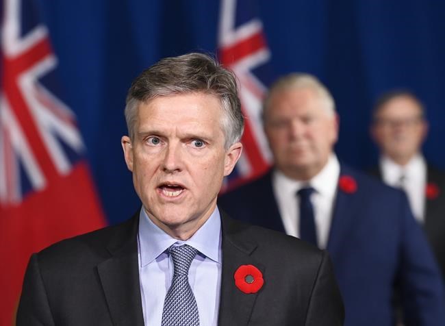 Ontario Finance Minister Rod Phillips speaks at a press conference at Queen's Park during the COVID-19 pandemic in Toronto on November 3, 2020. THE CANADIAN PRESS/Nathan Denette