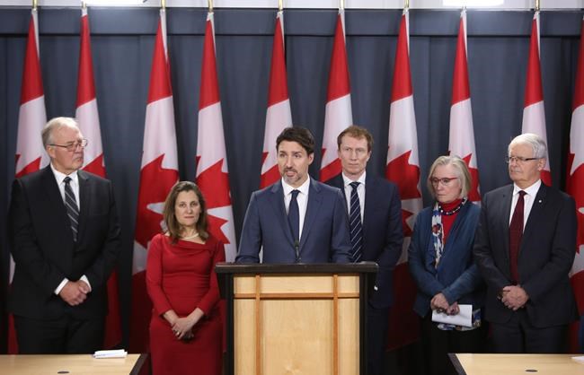 Prime Minister Justin Trudeau holds a news conference with members of his cabinet to discuss the current rail blockades and other topics at a news conference in Ottawa Friday, February 21, 2020. From left to right Bill Blair, Minister of Public Saftey, Chrystia Freeland, Deputy Prime Minister, Prime Minister Justin Trudeau, Marc Miller, Indigenous Services Minister, Carolyn Bennett Minister of Crown-Indigenous Relations and Marc Garneau, Transport Minister. THE CANADIAN PRESS/Fred Chartrand
