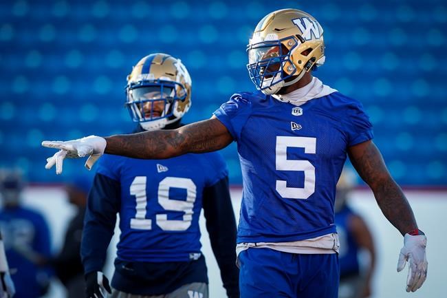 Winnipeg Blue Bombers Willie Jefferson, right, and Kyrie Wilson during practice for Sunday's CFL Grey Cup football game in Calgary, Friday, Nov. 22, 2019.THE CANADIAN PRESS/Jeff McIntosh