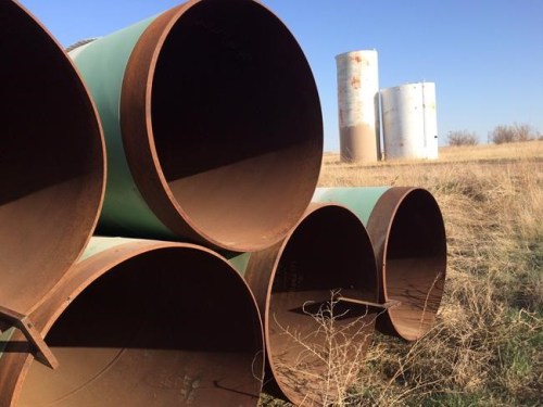A yard in Gascoyne, ND., which has hundreds of kilometres of pipes stacked inside it that are supposed to go into the Keystone XL pipeline, should it ever be approved are shown on April 22, 2015. THE CANADIAN PRESS/Alex Panetta