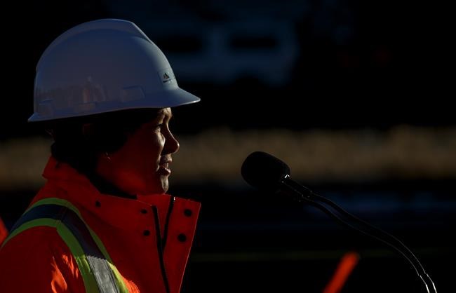 Sonya Savage, Minister of Energy, Government of Alberta speaks during an event to mark the start of right-of-way construction for the Trans Mountain Expansion Project, in Acheson, Alta., Tuesday, Dec. 3, 2019. THE CANADIAN PRESS/Jason Franson