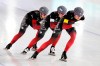 Team Canada with Valerie Maltais, centre, Ivanie Blondin, left, and Isabelle Weidemann, right, compete during the women's team pursuit race of the World Cup Speedskating at the Thialf ice arena in Heerenveen, northern Netherlands, Friday, Jan. 22, 2021. THE CANADIAN PRESS/AP/Peter Dejong