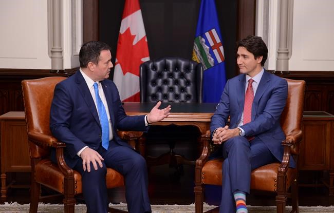 Prime Minister Justin Trudeau meets with Alberta Premier Jason Kenney on Parliament Hill in Ottawa on Tuesday, Dec. 10, 2019. Kenney has made another demand of Trudeau on the Keystone XL pipeline ahead of Trudeau’s call today with new U.S. President Joe Biden. THE CANADIAN PRESS/Sean Kilpatrick