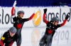 Team Canada with Valerie Maltais, second left, Ivanie Blondin, right, and Isabelle Weidemann, left, celebrate setting a new track record and winning the women's team pursuit race of the World Cup Speedskating at the Thialf ice arena in Heerenveen, northern Netherlands, Friday, Jan. 29, 2021. THE CANADIAN PRESS/AP/Peter Dejong