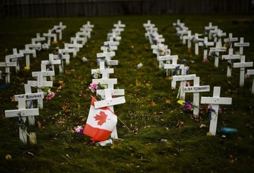 Crosses are displayed in memory of residents who died from COVID-19 at the Camilla Care Community facility in Mississauga, Ont., on Nov. 19, 2020. THE CANADIAN PRESS/Nathan Denette