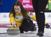 Manitoba skip Tracy Fleury delivers a rock as they play Alberta at the Scotties Tournament of Hearts at Centre 200 in Sydney, N.S. on Saturday, Feb. 16, 2019. THE CANADIAN PRESS/Andrew Vaughan