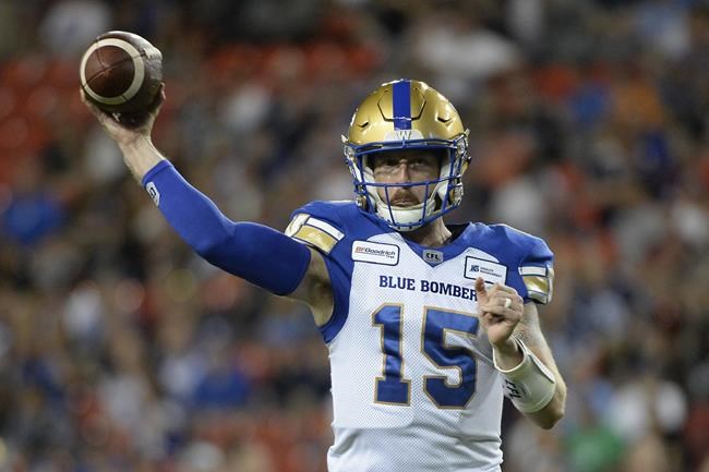 Winnipeg Blue Bombers quarterback Matt Nichols (15) throws downfield for a complete pass against the Toronto Argonauts during second half CFL football action in Toronto on Thursday, August 1, 2019. THE CANADIAN PRESS/Nathan Denette
