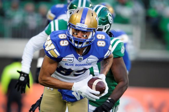 Winnipeg Blue Bombers' Kenny Lawler runs the ball during CFL West Final football action against the Saskatchewan Roughriders in Regina, Sunday, Nov. 17, 2019.THE CANADIAN PRESS/Mark Taylor