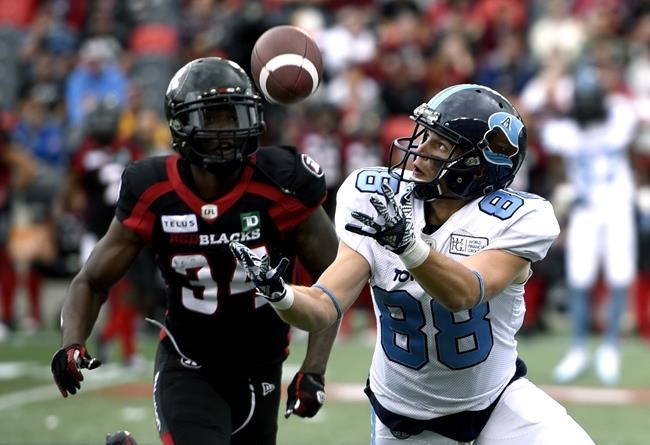 Toronto Argonauts wide receiver Jimmy Ralph (88) makes the catch in front of Ottawa Redblacks defensive back De'Chavon Hayes (34) during first half CFL football action in Ottawa on Saturday, Sept. 7, 2019. THE CANADIAN PRESS/Justin Tang