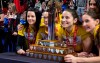 Manitoba skip Kerri Einarson, third Val Sweeting, second Shannon Birchard and lead Briane Meilleur (left to right) pose with the trophy after defeating Team Ontario to win the Scotties Tournament of Hearts in Moose Jaw, Sask., Sunday, February 23, 2020. THE CANADIAN PRESS/Jonathan Hayward