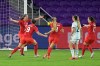 Canada midfielder Sarah Stratagakis (10) celebrates with teammates after scoring a goal during the second half of a SheBelieves Cup women's soccer match against Argentina, Sunday, Feb. 21, 2021, in Orlando, Fla. THE CANADIAN PRESS/AP-Phelan M. Ebenhack