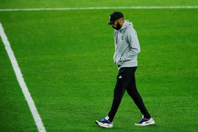 Montreal Impact head coach Thierry Henry exits the field after his team lost 3-1 to New York City FC during their MLS match, Saturday, Oct. 24, 2020, at Yankee Stadium in New York. THE CANADIAN PRESS/AP, Eduardo Munoz Alvarez