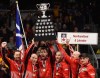 Newfoundland and Labrador skip Brad Gushue, left to right, third Mark Nichols, second Brett Gallant, lead Geoff Walker, alternate Jeff Thomas and coach Jules Owchar hoist the Brier Tankard trophy after defeating Team Alberta in the Brier curling final in Kingston, Ont., Sunday, March 8, 2020. Gushue won his first Canadian men's curling championship in a sold-out hometown venue that erupted in joy after his game-winning throw .THE CANADIAN PRESS/Sean Kilpatrick