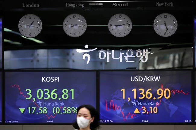 A currency trader walks near screens showing the Korea Composite Stock Price Index (KOSPI), left, and the foreign exchange rate between U.S. dollar and South Korean won at the foreign exchange dealing room in Seoul, South Korea, Monday, March 15, 2021. THE CANADIAN PRESS/AP-Lee Jin-man