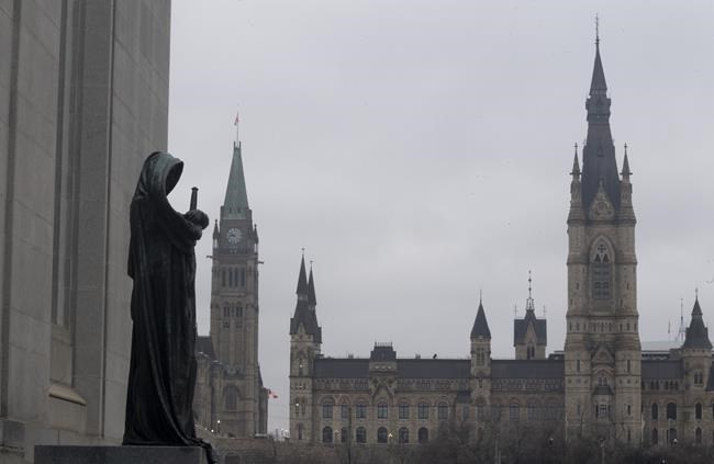 The statue representing justice looks out from the Supreme Court of Canada over the Parliamentary precinct in Ottawa, Thursday March 25, 2021. THE CANADIAN PRESS/Adrian Wyld