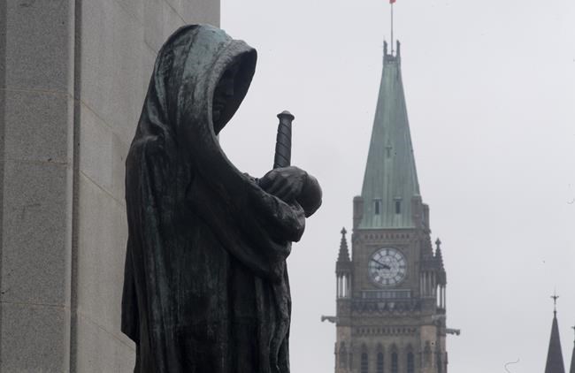 The statue representing justice looks out from the Supreme Court of Canada over the Parliamentary precinct in Ottawa, Thursday March 25, 2021. THE CANADIAN PRESS/Adrian Wyld