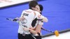Team Einarson/Gushue skip Kerri Einarson, right, and third Brad Gushue celebrate defeating Team Sahaidak/Lott at the Canadian Mixed Doubles Curling Championship final in Calgary, Alta., Thursday, March 25, 2021.THE CANADIAN PRESS/Jeff McIntosh