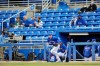 Toronto Blue Jays' Cavan Biggio runs onto the field at the start of a spring training baseball game against the Detroit Tigers, in Dunedin, Fla., Monday, March 22, 2021. THE CANADIAN PRESS/Steve Nesius