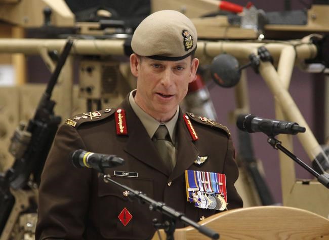Incoming commander of CANSOFCOM Major-General Peter Dawe speaks at a Canadian Special Operations Forces Command change of command ceremony in Ottawa on Wednesday, April 25, 2018. THE CANADIAN PRESS/ Patrick Doyle