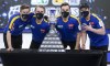 Sweden celebrates defeating Scotland in the Men's World Curling Championship gold medal final in Calgary, Alta., Sunday, April 11, 2021.THE CANADIAN PRESS/Jeff McIntosh