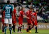 Erickson Gallardo of Canada's Toronto FC and his teammates celebrate after Andres Mosquera of Mexico's Leon scored an own goal during their Concacaf Champions League soccer match in Leon, Mexico, Wednesday, April 7, 2021. THE CANADIAN PRES/AP/Mario Armas