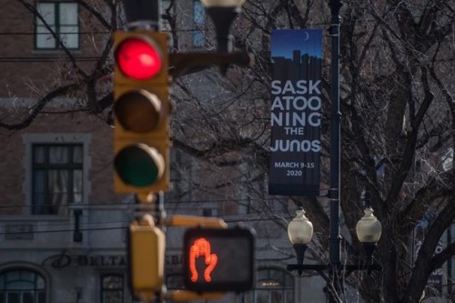 Juno Awards signage hangs in downtown Saskatoon on Thursday, March 12, 2020. Organizers of the Juno Awards say they've postponed this year's 50th-anniversary celebration until June 6 