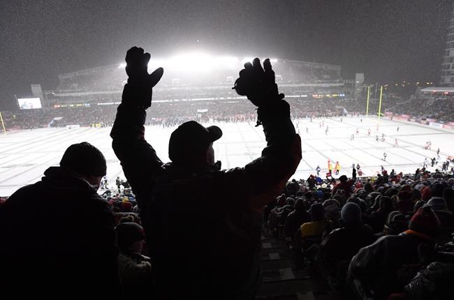 Fans cheer during first half CFL football action between the against the Toronto Argonauts and the Calgary Stampeders in the 105th Grey Cup Sunday November 26, 2017 in Ottawa. The CFL is pushing back the start to its 2021 season and reducing the number of games played due to the COVID-19 pandemic. THE CANADIAN PRESS/Justin Tang