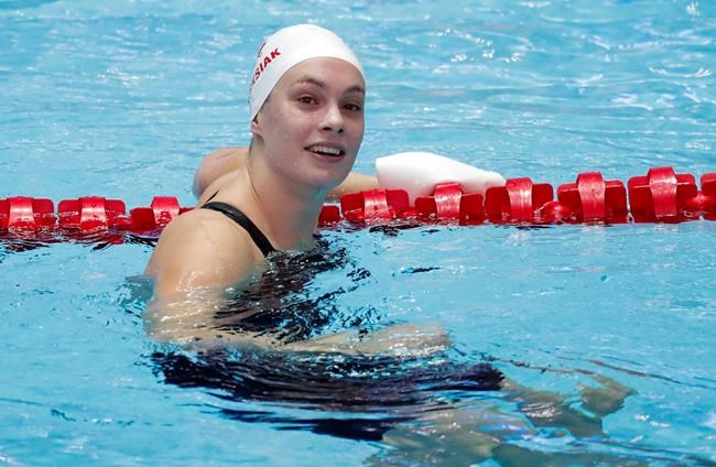 Canada's Penny Oleksiak reacts after her heat of the women's 50m butterfly at the World Swimming Championships in Gwangju, South Korea, Friday, July 26, 2019. THE CANADIAN PRESS/AP-Lee Jin-man