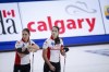 Team Canada lead Briane Meilleur, left, and second Shannon Birchard look on Estonia makes a shot at the Women's World Curling Championship in Calgary, Alta., Wednesday, May 5, 2021.THE CANADIAN PRESS/Jeff McIntosh