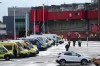 Police are deployed in force outside the Old Trafford stadium in Manchester, England, Tuesday, May 11, 2021 ahead of the English Premier League soccer match between Manchester United and Leicester City. This is the first Manchester United home match since fans protested against American owner Joel Glazer, forcing the postponement of the team's Premier League game against Liverpool. The protests prompted Glazer to publish a letter in which he pledged to accelerate discussions with fans about supporters being able to have a greater say at the club. (AP Photo/Jon Super)