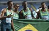 Brazil team members, from left, Paulo Andre Camilo de Oliveira, Derick Silva, Felipe Bardi dos Santos and Rodrigo do Nascimento pose for a photo after the Men's 4x100 Metres Relay final in the Athletics World Relays Championships - Silesia21 in Chorzow, Poland, Sunday, May 2, 2021. (AP Photo /Czarek Sokolowski)