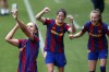 Barcelona's Lieke Martens takes a selfie with teammates as they celebrate after defeating Paris Saint-Germain in their Women's Champions League semifinal second leg soccer match at the Johan Cruyff stadium in Barcelona, Spain, Sunday, May. 2, 2021. (AP Photo/Joan Monfort)
