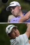 FILE - Justin Thomas, top, watches his tee shot on the first hole during the first round of the PNC Championship golf tournament in Orlando, Fla., in a Saturday, Dec. 19, 2020, file photo. Hideki Matsuyama, bottom, tees off on the fourth hole during the third round of the Masters golf tournament in Augusta, Ga., in a Saturday, April 10, 2021, file photo. The PGA Championship is scheduled for May 20-23, 2021, at Kiawah Island in South Carolina. (AP Photo/Gregory Bull, File)
